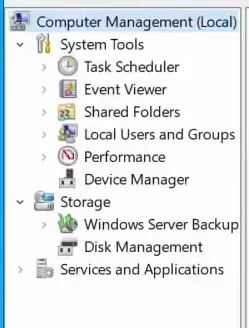 The left side of the "Computer Management" application showing a list of things that can be managed.