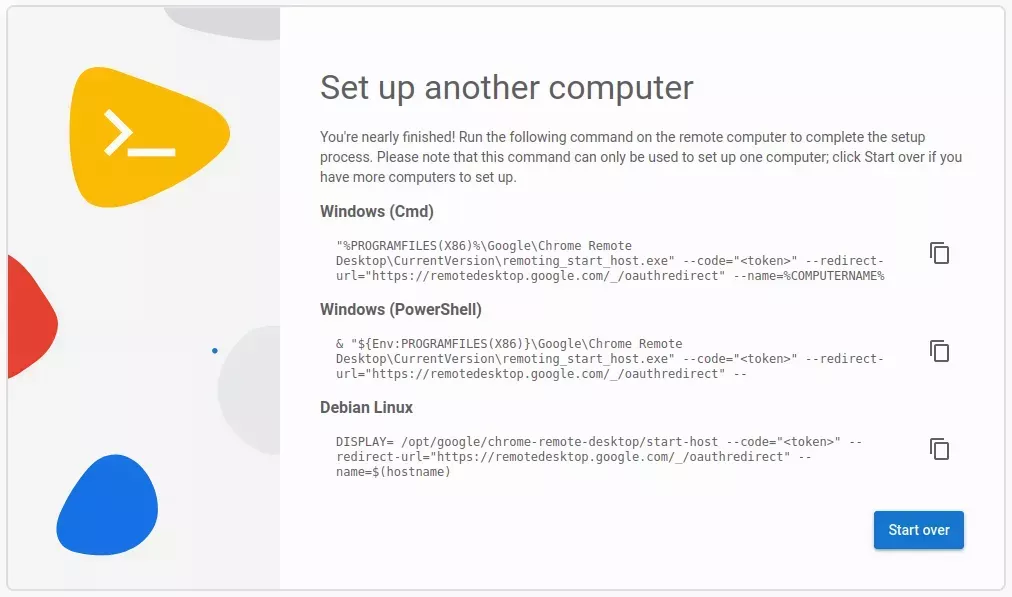 A card titled "Set up another computer" with three code blocks titled "Windows (CMD)", "Windows (Powershell)", and "Debian Linux", each containing a command that can be run on the remote computer you intend to connect to.