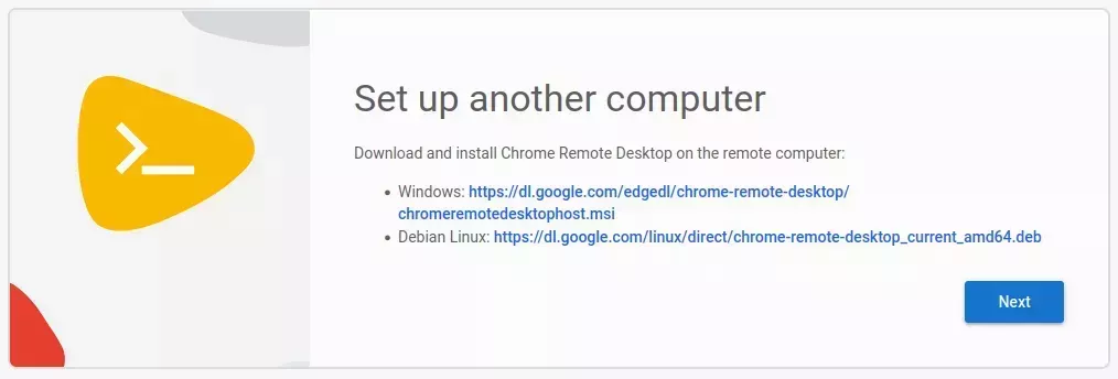 A card titled "Setup another computer" with two bullet points, the bottom bullet point is titled "Debian Linux" and has a hyperlink.